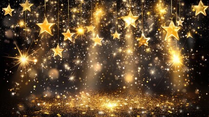 Naklejka premium A dazzling golden stage with bright spotlights and sparkling stars, creating a festive and celebratory atmosphere