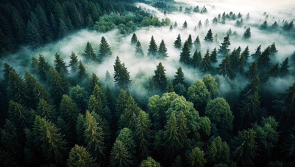 Aerial view of lush green forest covered in fog at sunrise
