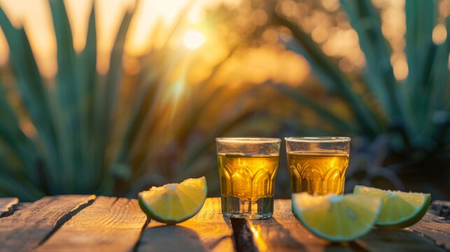 Two shots of tequila with lime slices on the wooden table. Blurred agave plants on background.