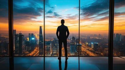 Fototapeta premium Businessman in front of modern urban landscape.