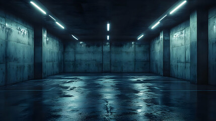 Empty Concrete Room With Neon Lights 3D Illustration