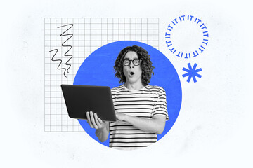 Creative collage picture young man laptop digital device remote worker computer freelancer shocked...