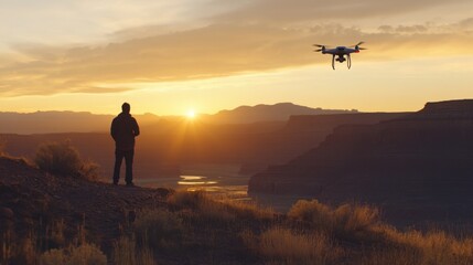 A drone hovers in the golden light of the sunset, while a man stands in the distance, operating the remote