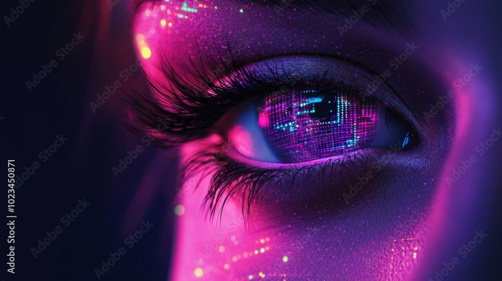Poster a glowing futuristic eye with digital technology patterns, symbolizing innovation in tech