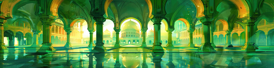 Obraz premium An abstract representation of a Sikh gurdwara's intricate archways and domes, its vivid greens and golds evoking the richness