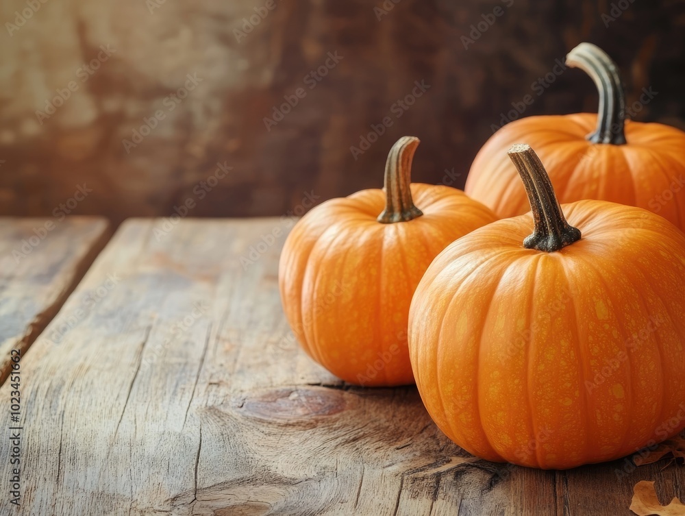 Sticker pumpkins on wooden table autumn concept