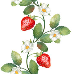 Strawberry seamless border. Green leaves, red berries and flowers. Hand drawn.