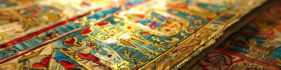 Fototapeta premium A close-up of a medieval illuminated manuscript, its intricate gold leaf detailing and vibrant reds and blues showcasing the artistry of European monks.