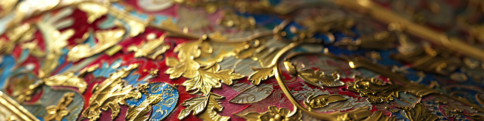 Fototapeta premium A close-up of a medieval illuminated manuscript, its intricate gold leaf detailing and vibrant reds and blues showcasing the artistry of European monks.