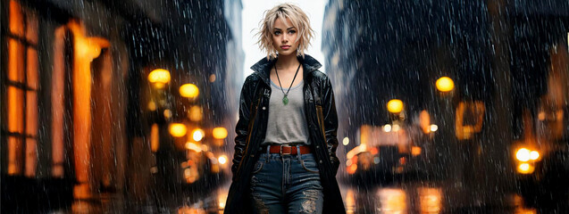 A woman with short blonde hair walks down a rain-soaked, desolate street. She is wearing a black jacket, a gray T-shirt, and denim jeans.