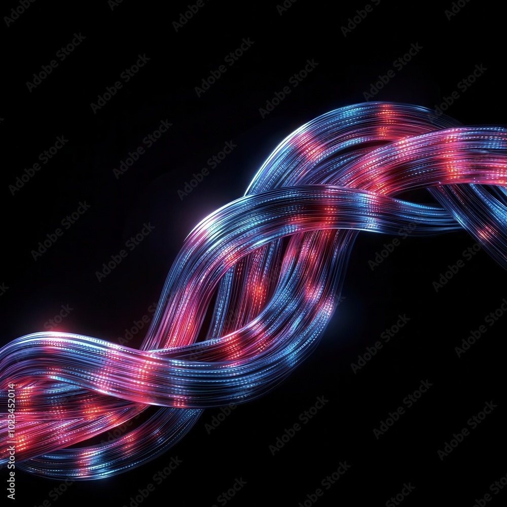 Aufkleber a vibrant, flowing design of intertwining blue and red light strands against a black background, cre