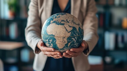 Person holding globe, focus on Africa.