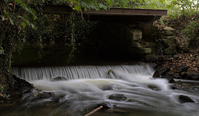 Tranquil Stream Flowing Under an Old Bridge in the Woods