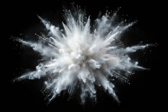 High angle abstract white powder explosion isolated on black background