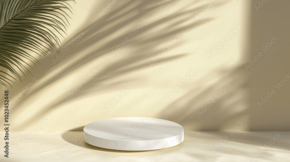 Poster product presentation with pastel color background and shadow tropical palm leaves empty square podiu