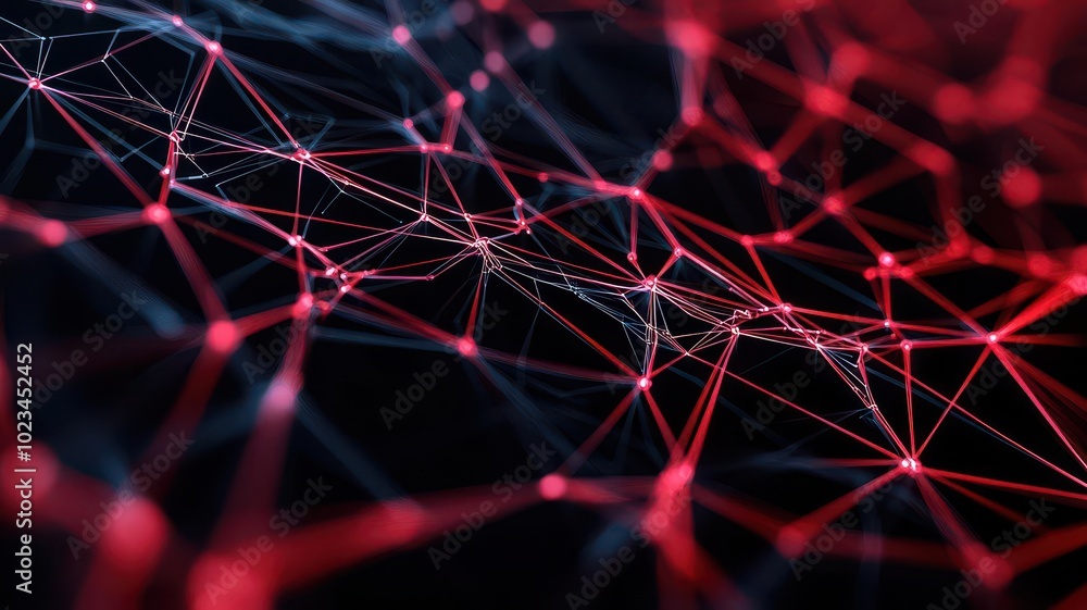 Poster a vivid visualization of interconnected nodes illuminated in red and blue against a dark backdrop, s