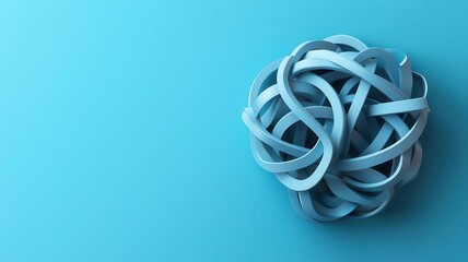 Fototapeta premium A abstract arrangement of blue ribbons forming a tangled ball against a smooth, light blue background, creating a modern and artistic appearance.
