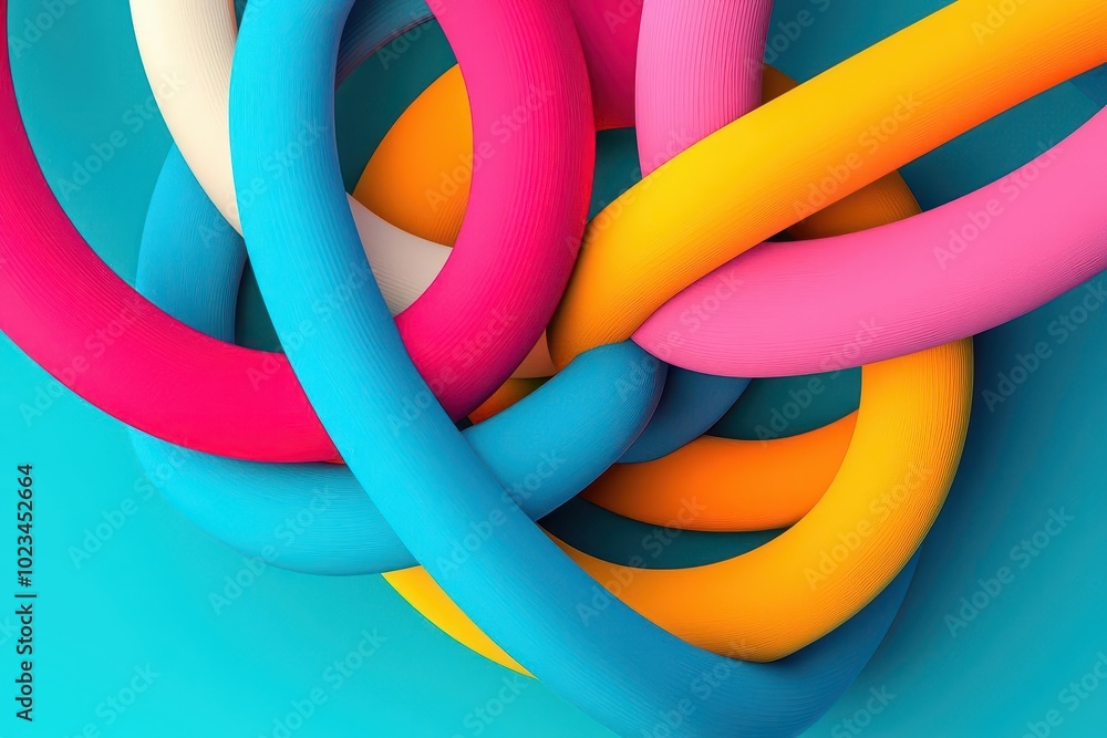 Poster a vibrant arrangement of colorful, twisted foam tubes on a blue background, creating an abstract com