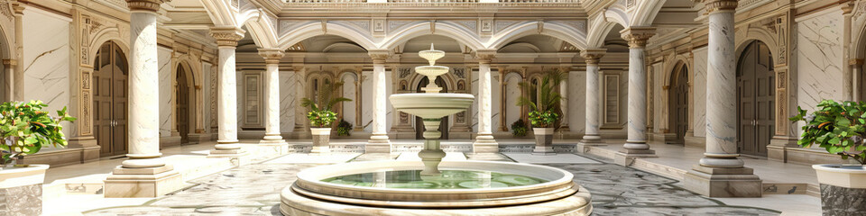 Fototapeta premium A tranquil fountain in the courtyard of a stately European palace, surrounded by intricately designed marble pillars and archways.