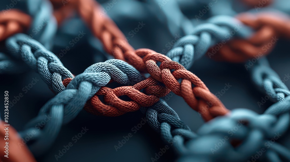 Poster a close-up view of intertwined blue and red ropes, showcasing texture and intricate patterns in a co