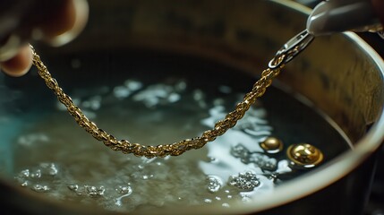 Close-up of a golden chain being cleaned, highlighting intricate details and craftsmanship in a gentle bubbling solution.