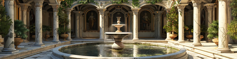 Obraz premium A tranquil fountain in the courtyard of a stately European palace, surrounded by intricately designed marble pillars and archways.