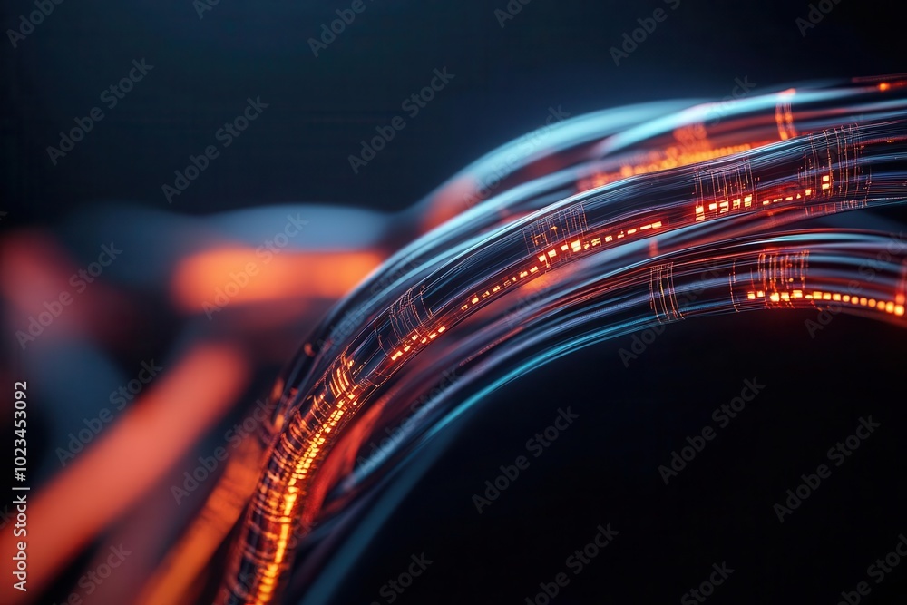 Poster a vibrant display of illuminated digital lines creating a fluid, abstract pattern against a dark bac