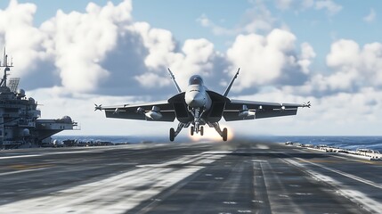 An aircraft launching from an aircraft carrier, showcasing military aviation and naval operations.
