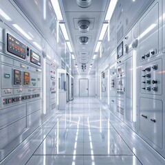Fototapeta premium Indoor Substation Equipment. A long hallway with rows of electrical panels and high-voltage equipment in an indoor substation.
