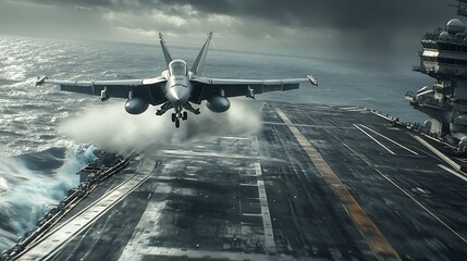 An aircraft launching from an aircraft carrier over turbulent ocean waters.