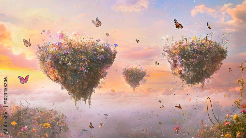 Aufkleber floral and butterfly background with floating islands and whimsical charm