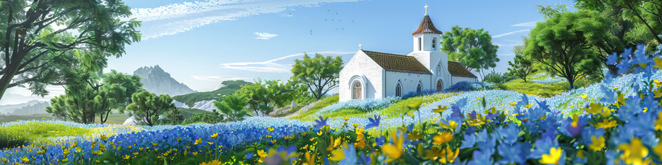 A simple country church nestled within a lush European hillside, its whitewashed walls accented by pops of blue and yellow flowers.