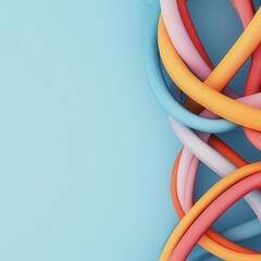 Colorful, intertwined rubber tubes against a soft blue background create a vibrant, abstract design.