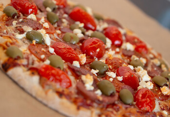 pizza with salami and tomatoes