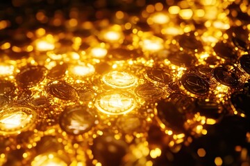 Close-up of glittering golden coins illuminated, showcasing wealth and luxury. The shimmering light creates a captivating, opulent atmosphere.