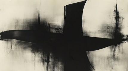 Abstract black and white artwork featuring bold brush strokes and shapes.