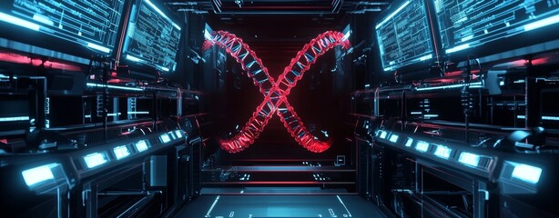In an advanced biotechnology lab with glowing red DNA helices and molecular structures, future-focused digital art is displayed in a dark, immersive environment