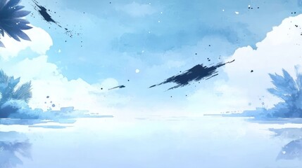 A serene blue landscape with soft clouds and water reflections, evoking calmness and tranquility.