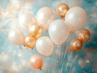 a vibrant display of white and golden birthday balloons artistically arranged against a soft pastel background, leaving ample space for personalized messages or designs