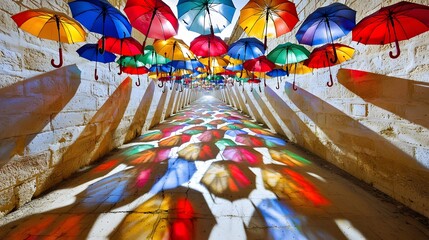 Umbrella Alley: A narrow lane adorned with suspended umbrellas, casting dappled shadows on the ground. 