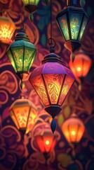 Intricately designed lanterns cast warm light against a beautifully patterned wall