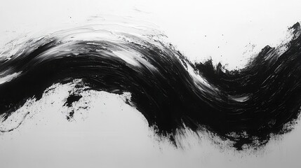 minimalist abstract painting showcasing bold black and white brush strokes resembling spirals conveying a sense of movement and thought created with aigenerated techniques