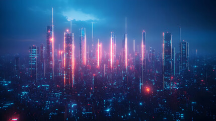 Futuristic Cityscape with Neon Lights 3D Illustration