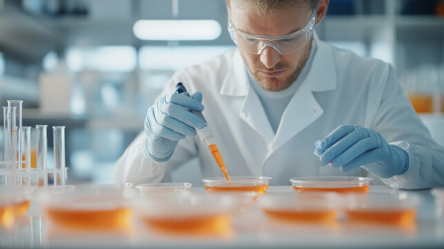 A scientist in laboratory carefully conducts an experiment using pipette to transfer liquid into petri dishes. environment is filled with various glassware and vibrant orange solutions, showcasing foc