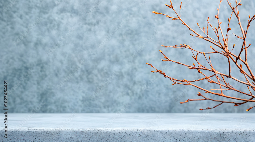 Poster Empty tabletop displaying spring branches with buds on blue background