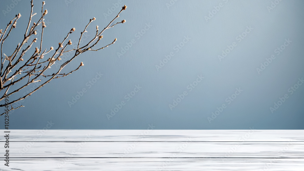 Aufkleber empty white table with bare branches on blue background