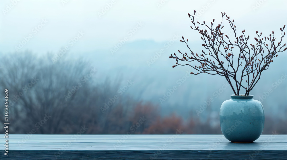 Poster Tree branch with buds standing in blue vase on empty table
