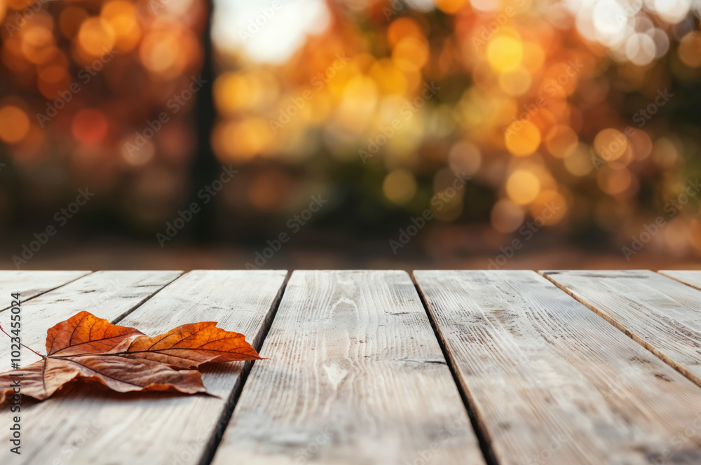 Poster empty wooden table showing autumn background with copy space