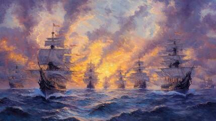An armada of warships cruising through the clouds as the setting sun paints the sky in shades of gold and purple