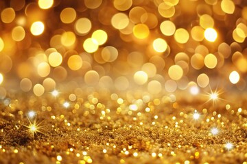 High angle Christmas gold background with lights bokeh effect
